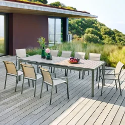 Ensemble table de jardin automatique EVASION + 10 fauteuils ESSENTIA Lin & Laurier