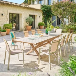 Ensemble table de jardin extensible AXIOME + 10 fauteuils AXANT Argile