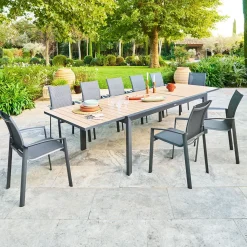 Ensemble table de jardin extensible EVASION + 12 fauteuils AXANT Miel & Graphite