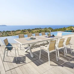 Ensemble table de jardin extensible AXIOME Effet bois + 10 fauteuils AXANT Lin & Blanc