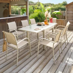 Ensemble table de jardin extensible + 8 fauteuils empilables PIAZZA Argile