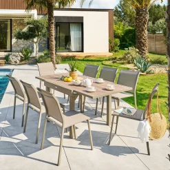 Ensemble table de jardin extensible PIAZZA + 8 fauteuils PIAZZA Truffe & Café