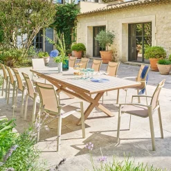 Ensemble table de jardin extensible AXIOME + 12 fauteuils AXANT Argile