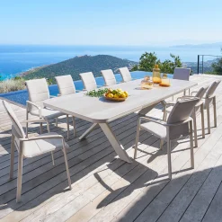 Ensemble table de jardin extensible VOLUPTY + 12 fauteuils DIESE Ficelle & Argile
