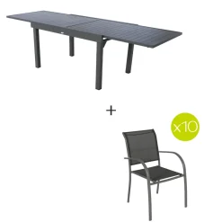 Ensemble table de jardin extensible + 10 fauteuils PIAZZA Graphite