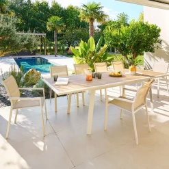 Ensemble table de jardin extensible PAVANE + 10 fauteuils ESSENTIA Malt & Argile