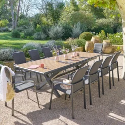 Ensemble table de jardin extensible AXIOME Effet teck Noix + 10 fauteuils DIESE Graphite