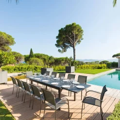 Ensemble table de jardin extensible + 12 fauteuils empilables PIAZZA Graphite