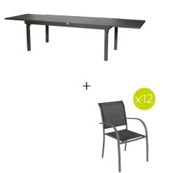 Ensemble table de jardin extensible + 12 fauteuils empilables PIAZZA Graphite