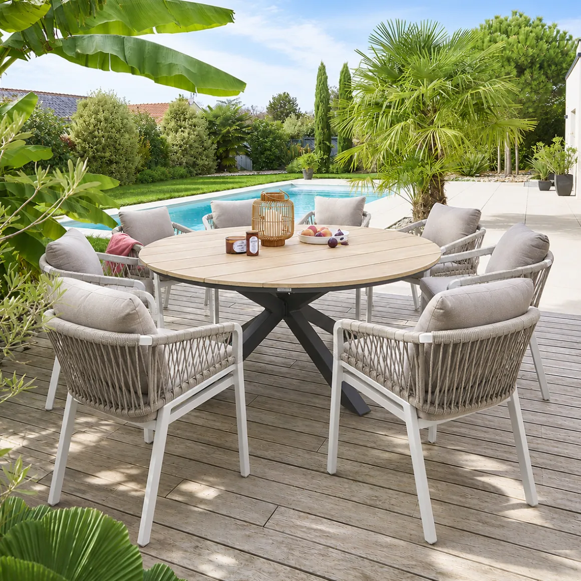 Ensemble table de jardin + 8 fauteuils ORIENGO Acacia / Graphite