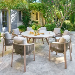 Ensemble table de jardin fixe ronde NELORA + 8 fauteuils NELORA Ficelle & Miel