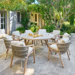 Ensemble table de jardin fixe ronde NELORA + 8 fauteuils MYLORE Ficelle & Miel