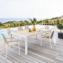 Ensemble table de jardin PARADIZE + 6 fauteuils empilables ESSENTIA Blanc & Acacia