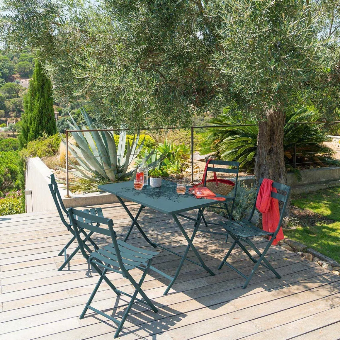Ensemble table de jardin pliante rectangulaire + 4 chaises GREENSBORO Bleu canard