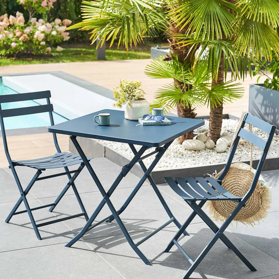 Ensemble table de jardin pliante carrée + 2 chaises GREENSBORO Pétrole