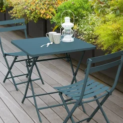 Ensemble table de jardin pliante carrée + 2 chaises GREENSBORO Bleu canard