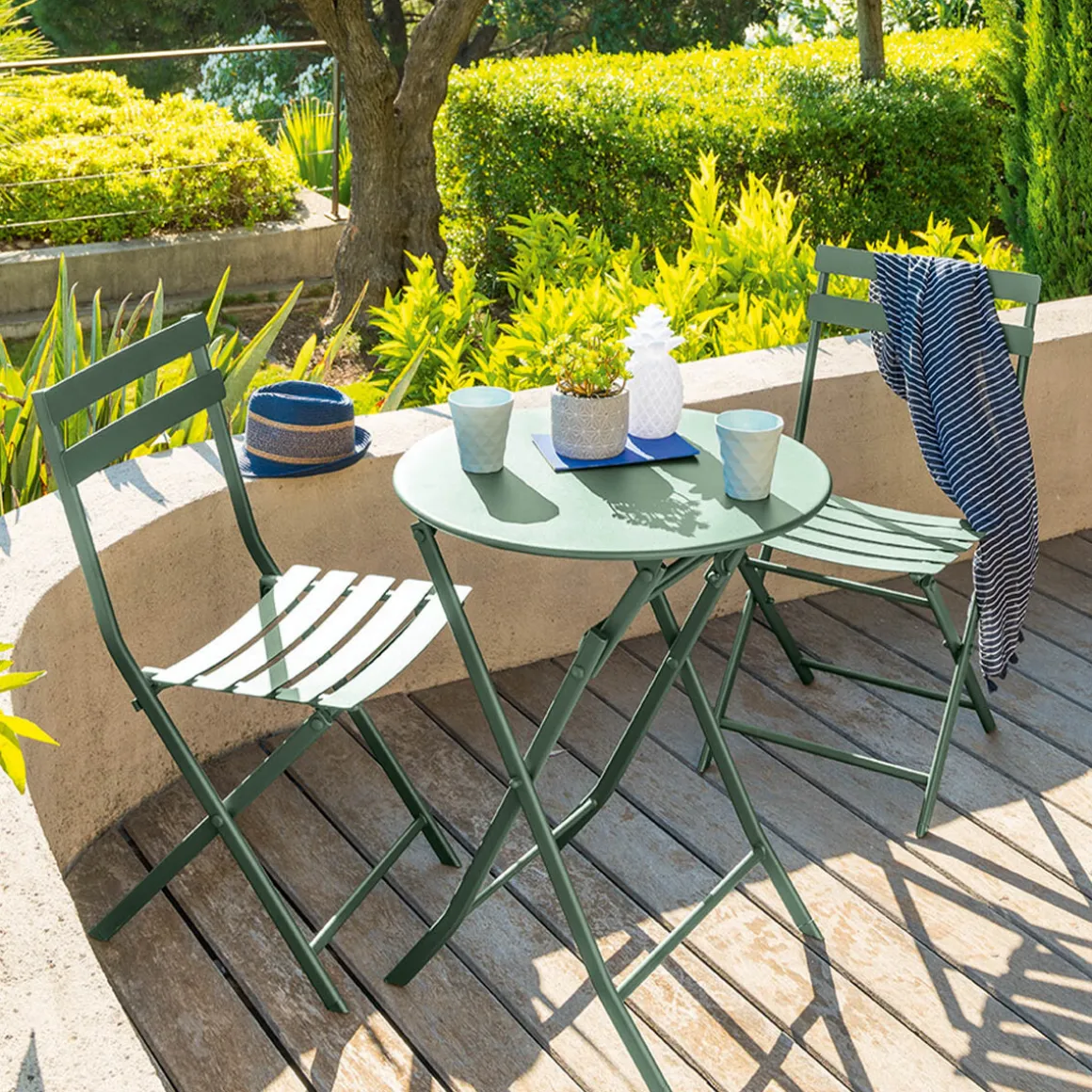 Ensemble table de jardin pliante ronde + 2 chaises GREENSBORO Vert olive