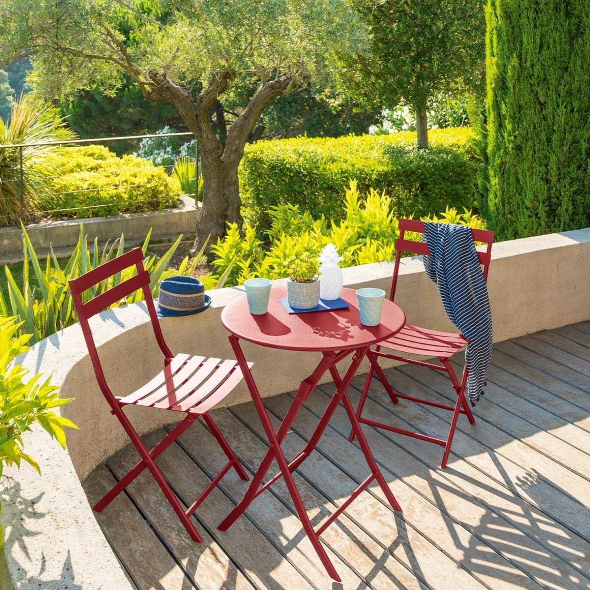 Ensemble table de jardin pliante ronde + 2 chaises GREENSBORO Groseille