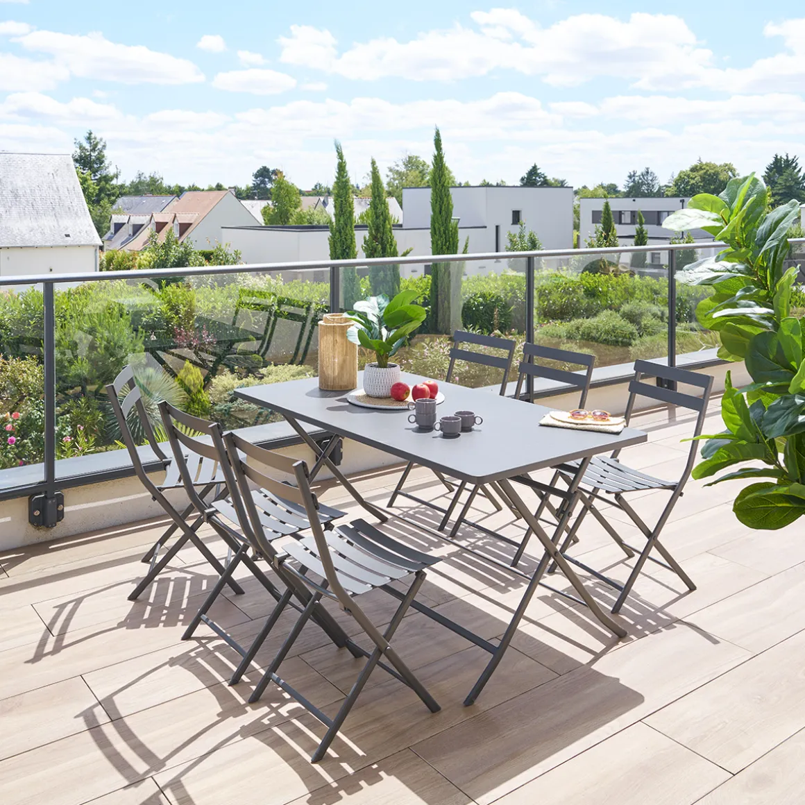 Ensemble table de jardin rectangle + 6 chaises empilables GREENSBORO Graphite