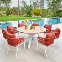 Ensemble table de jardin ronde + 8 fauteuils ORIENGO Acacia & Blanc
