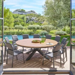 Ensemble table de jardin ronde ORACLION + 12 fauteuils empilables DIESE Graphite