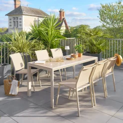 Ensemble table de jardin ÉVASION + 6 chaises empilables ESSENTIA Lin & Argile