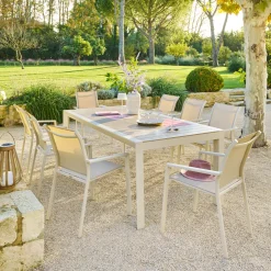Ensemble table de jardin ÉVASION + 8 fauteuils ESSENTIA Lin & Argile