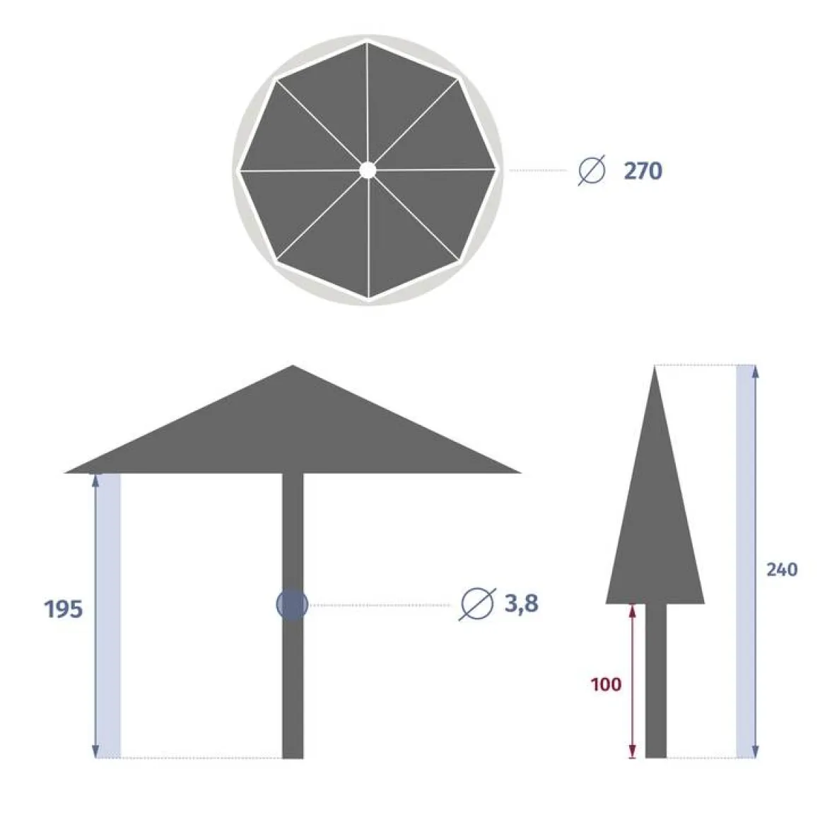 Parasol droit rond SISKO Ardoise
