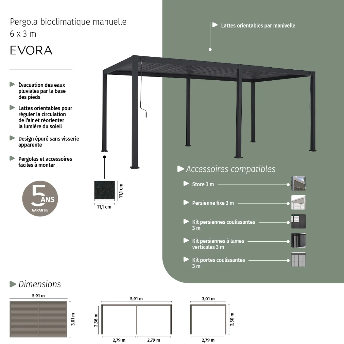 Pergola bioclimatique autoportante EVORA Graphite
