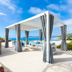 Pergola bioclimatique EVORA blanc + 1 kit de rideaux, moustiquaires et rails