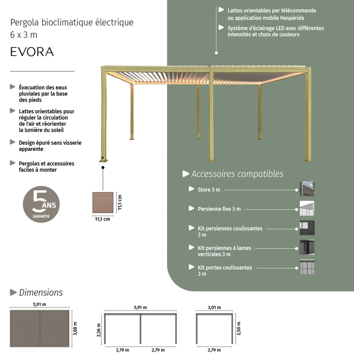 Pergola bioclimatique électrique EVORA Effet bois Honey