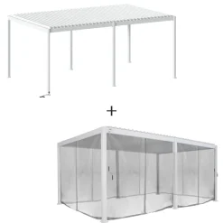 Pergola bioclimatique électrique EVORA blanc + 1 kit de rideaux, moustiquaires et rails