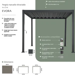 Pergola bioclimatique rétractable EVORA Gris