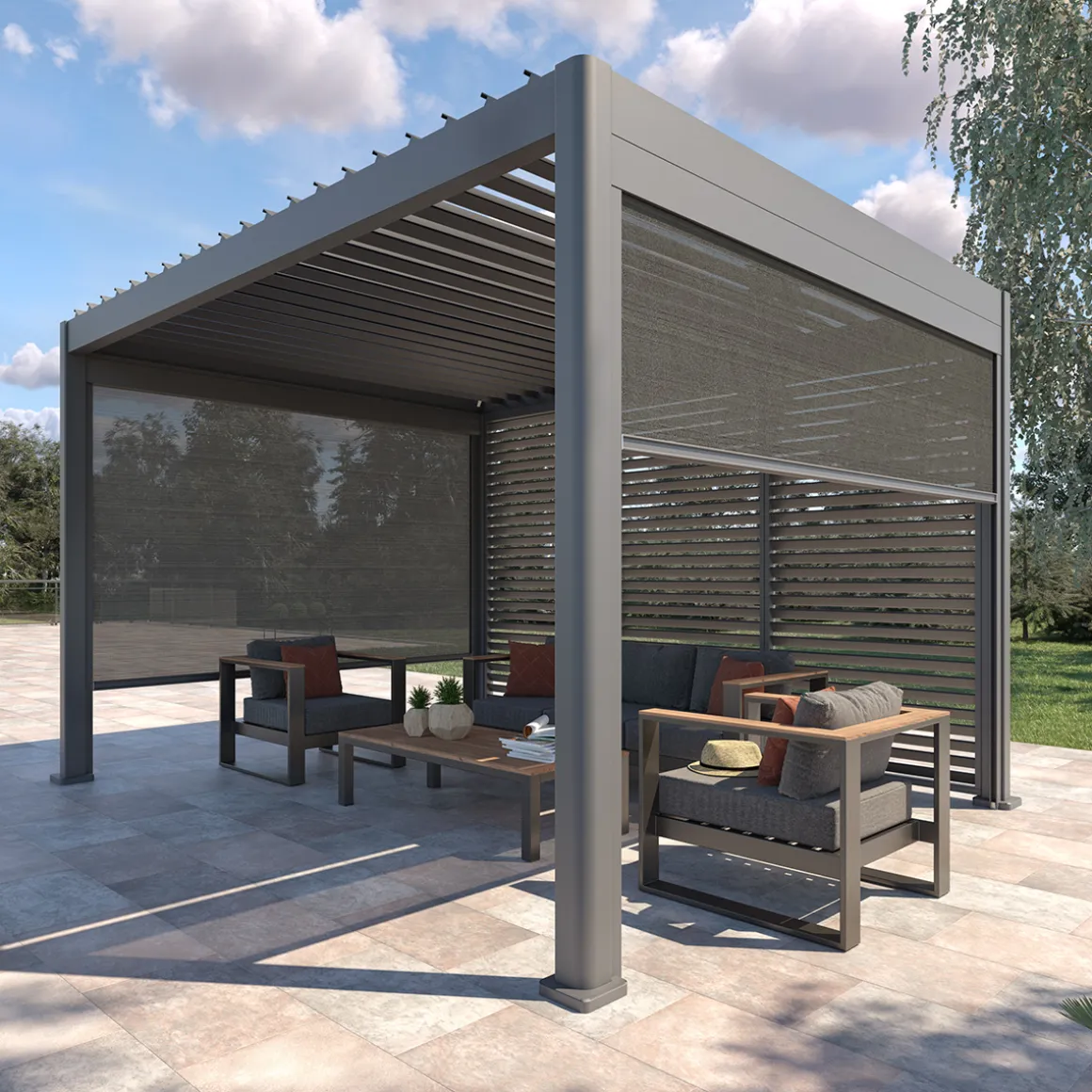 Pergola EVORA avec 3 persiennes et 2 stores