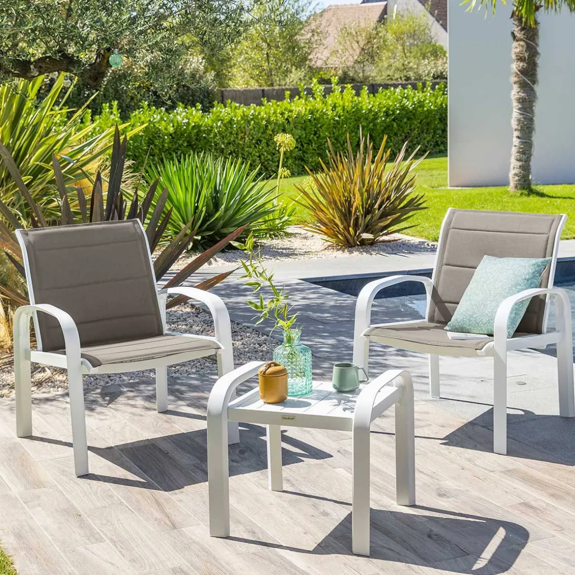 Salon de jardin duo ELYN Noisette & Blanc