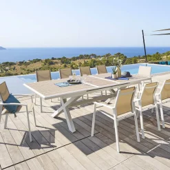 Table de jardin extensible AXIOME Effet bois Lin & Blanc