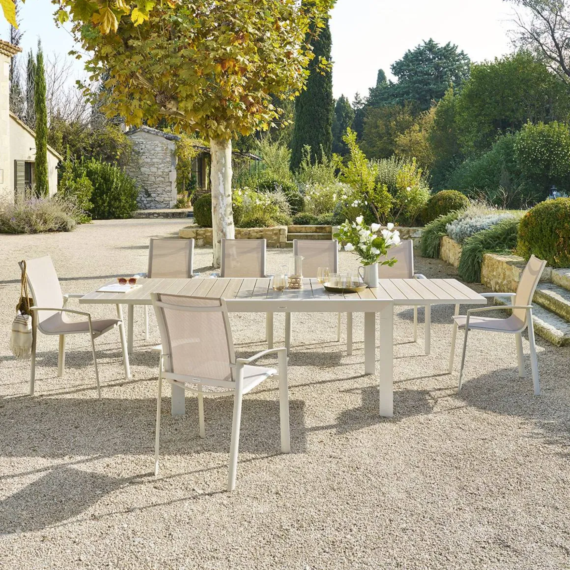 Table de jardin extensible coulissante ÉVASION Effet bois Lin & Argile