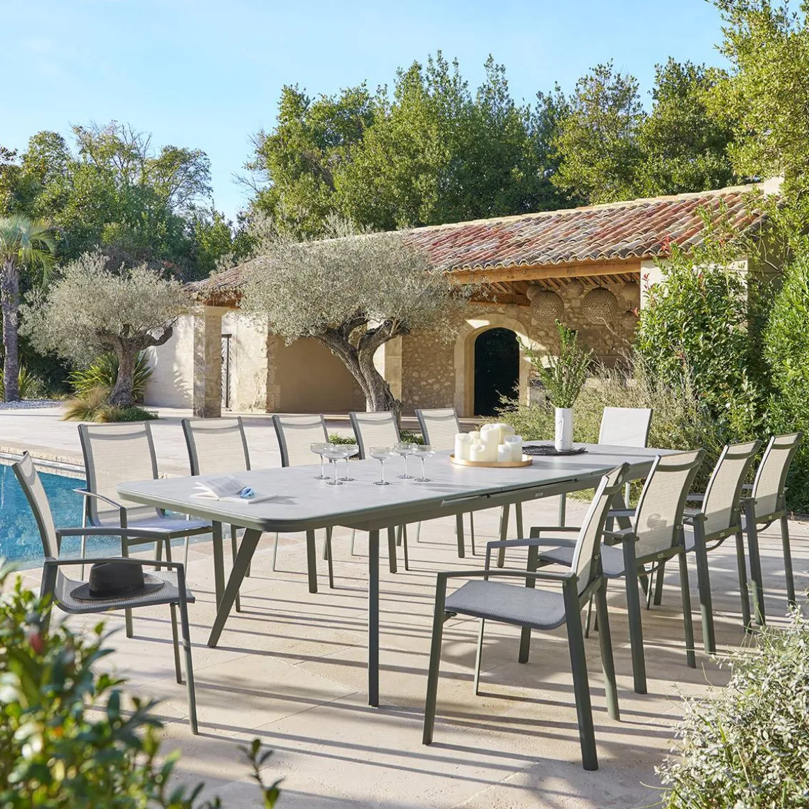 Table de jardin extensible PULPY Vert laurier & Gris granite