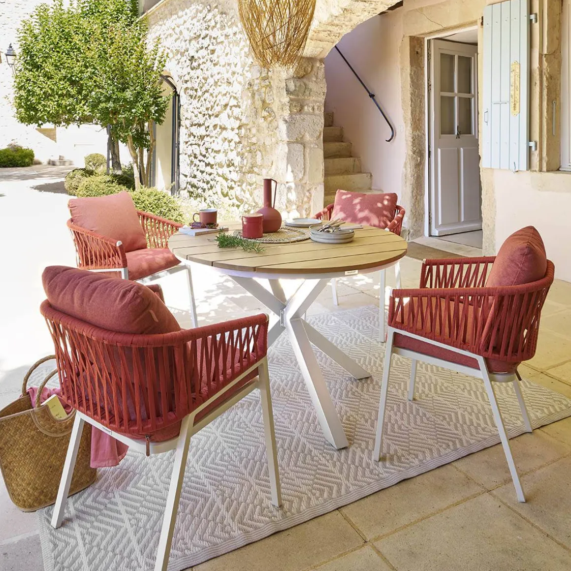Table de jardin ronde ORIENGO Acacia & Blanc